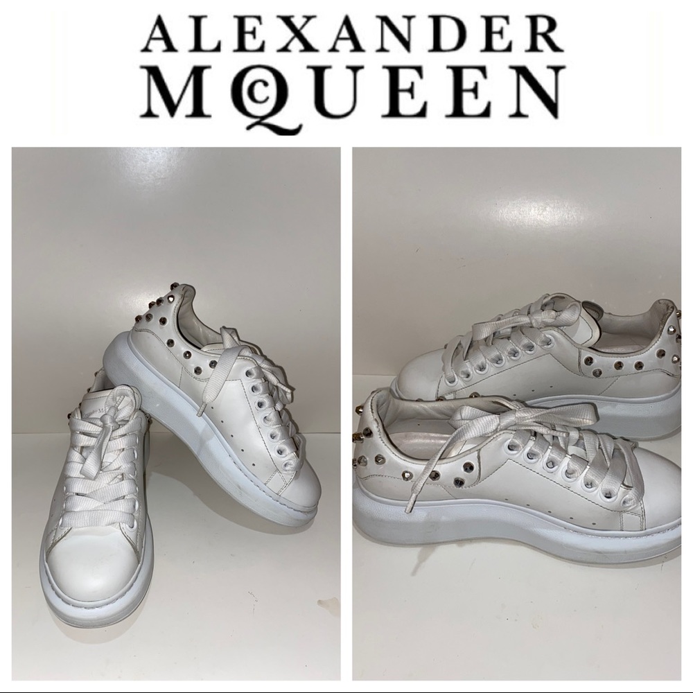 Alexander McQueen White Leather Platform Sneakers with Silver Studs